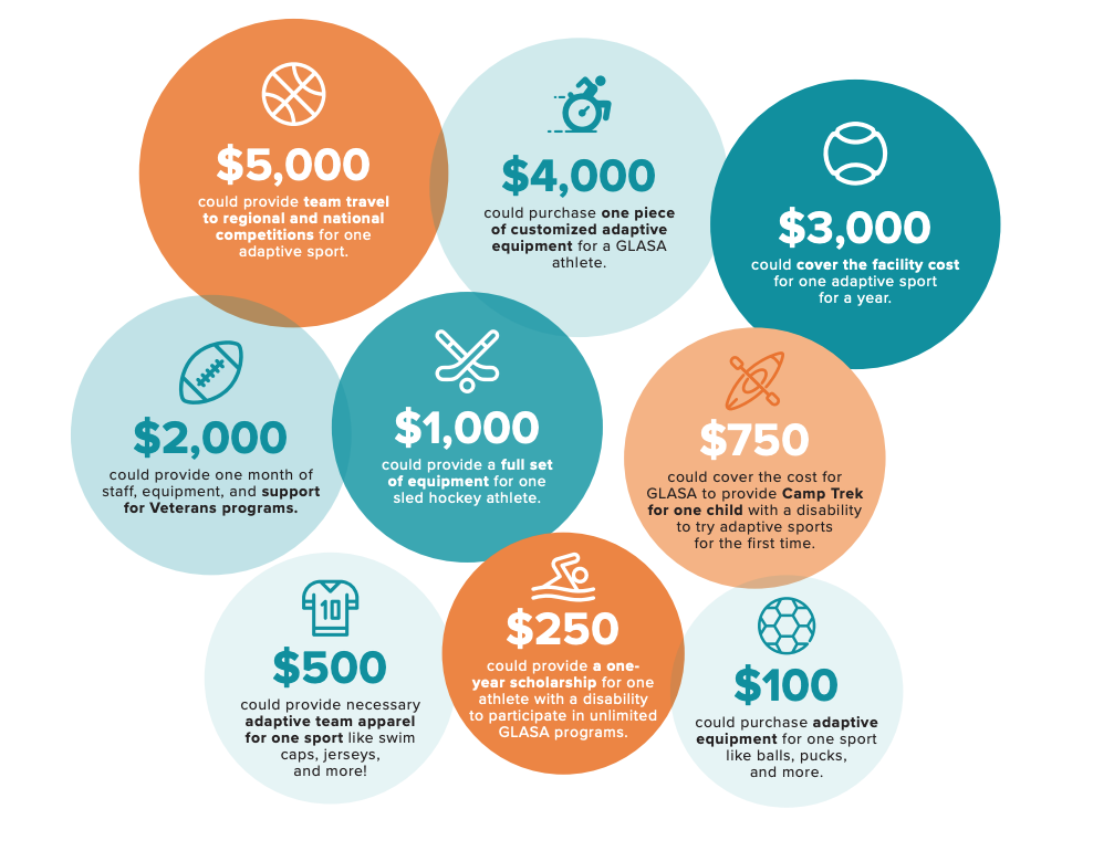 Colorful circles that describe donation amounts.